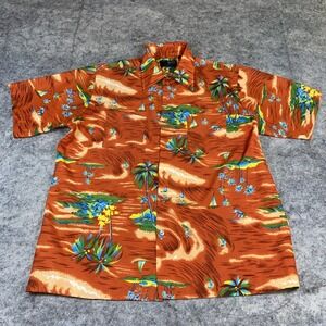 VTG Van Cort Hawaiian Shirt Men's Large Rust Brown Palm Tree Surfer Print Aloha‎